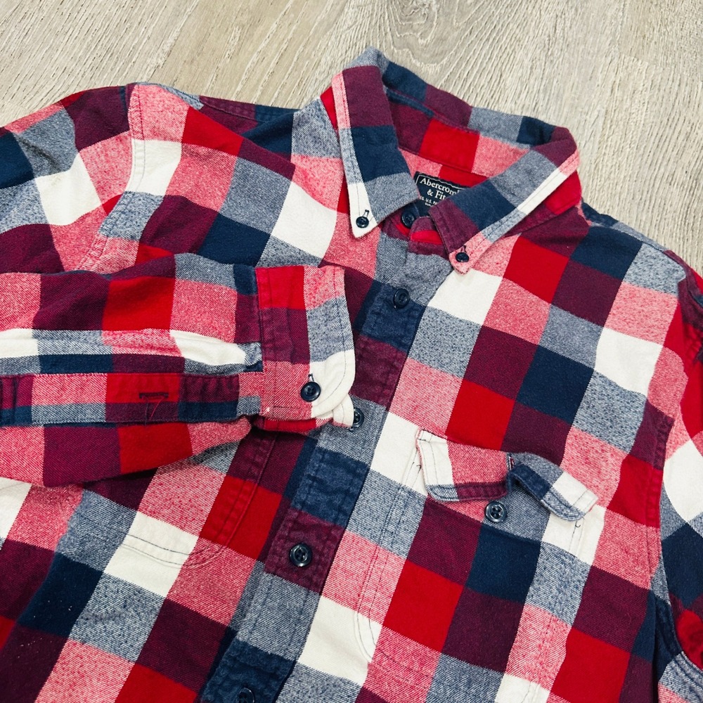 Abercrombie & Fitch Mens Large Red Navy Blue Plaid Button Down Flannel Shirt